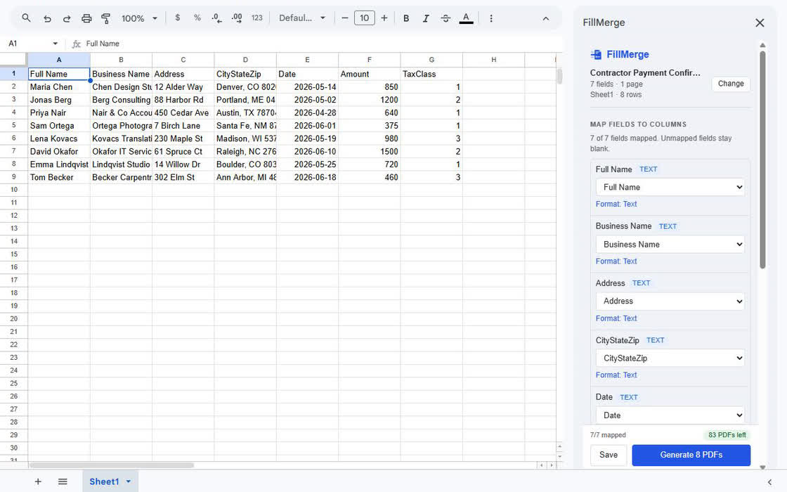 The FillMerge sidebar open next to a Google Sheet: eight rows of contractor data on the left, and on the right each spreadsheet column — Full Name, Business Name, Address, CityStateZip, Date — matched to the PDF form field of the same name, with “7 of 7 fields mapped” and a “Generate 8 PDFs” button.